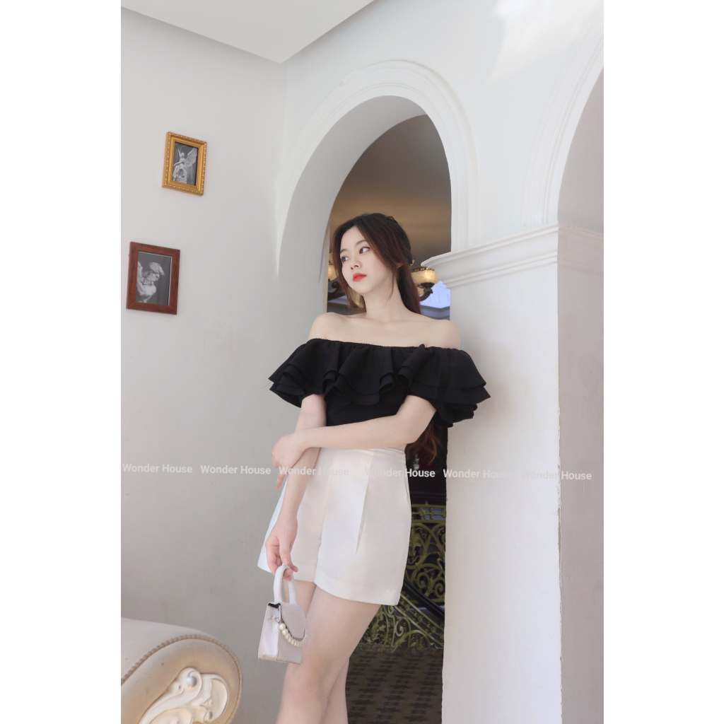 Áo thiết kế WONDER HOUSE trễ vai croptop 2 tầng chất vải dày dặn - Shy Top