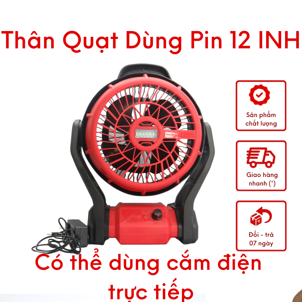 Quạt Dùng Pin Đỏ 12 INH Phổ Thông Có thể cắm dùng điện trực tiếp