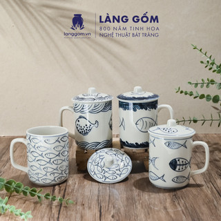 Cốc sứ uống trà có nắp cao cấp họa tiết vẽ tay thủ công, dáng thanh lịch dung tích 380ml - Gốm sứ Bát Tràng - Làng Gốm