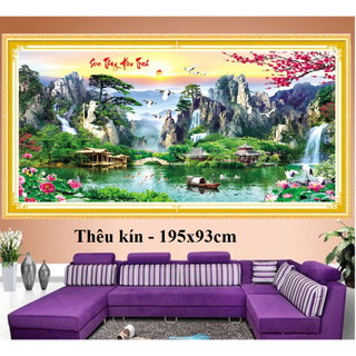 Tranh thêu chữ thập phong cảnh Lưu thủy sinh tài 1m5 và 1m95 thêu kín