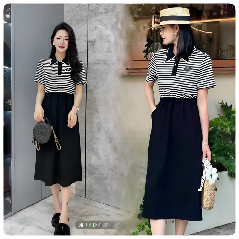 ( HÀNG QUẢNG CHÂU CAO CẤP) ĐẦM LIỀN PHỐI SỌC FORM DÀI - EO BO THUN TÔN DÁNG