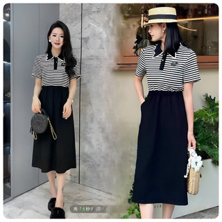 Đầm liền phối sọc form dài - eo bo thun tôn dáng