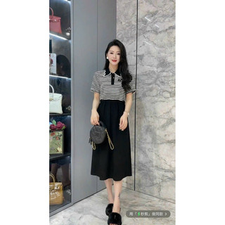 ( HÀNG QUẢNG CHÂU CAO CẤP) ĐẦM LIỀN PHỐI SỌC FORM DÀI - EO BO THUN TÔN DÁNG