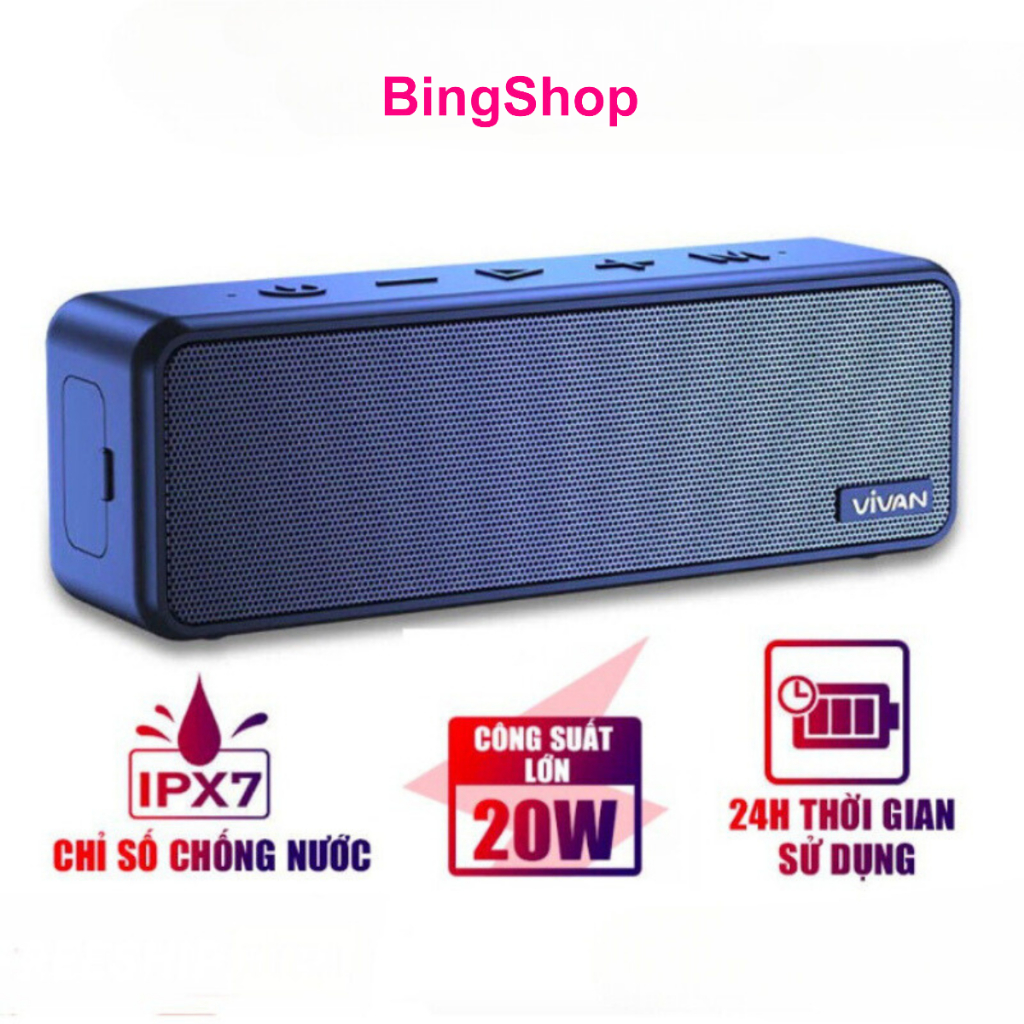 Loa Bluetooth 5.0 VIVAN VS20 Chống Nước IPX7 Công suất 20W Pin 3600mAh Playtime đến 24H Hỗ trợ thẻ Micro