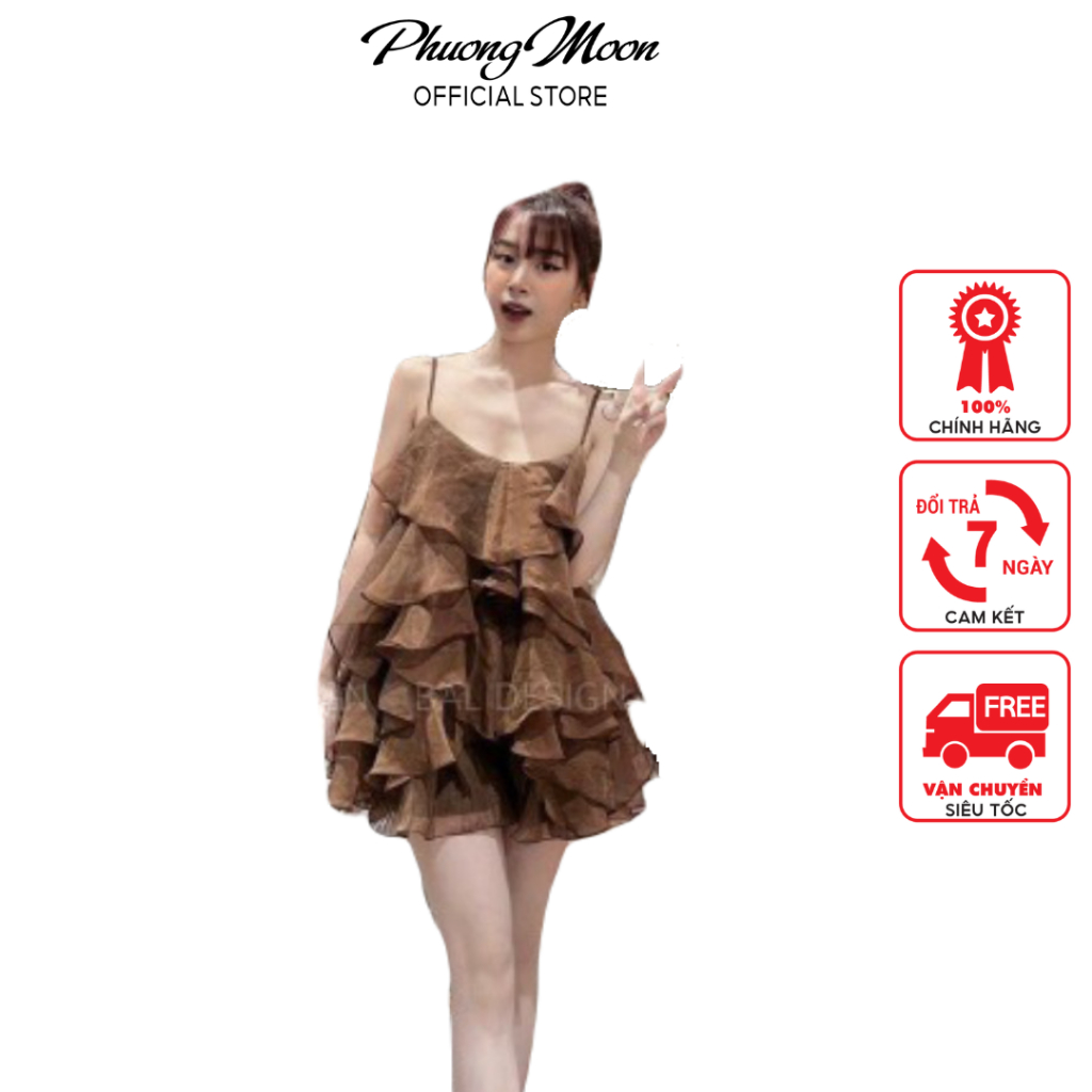 Sét váy đi biển mùa hè PHUONGMOON, áo tầng hai dây mix chân váy dập ly có quầ lót trong