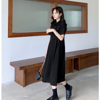 (ORDER) Váy sơ mi cổ bẻ POLO babydoll xòe rộng dài màu đen đơn giản thoải mái thanh lịch Hàn Quốc