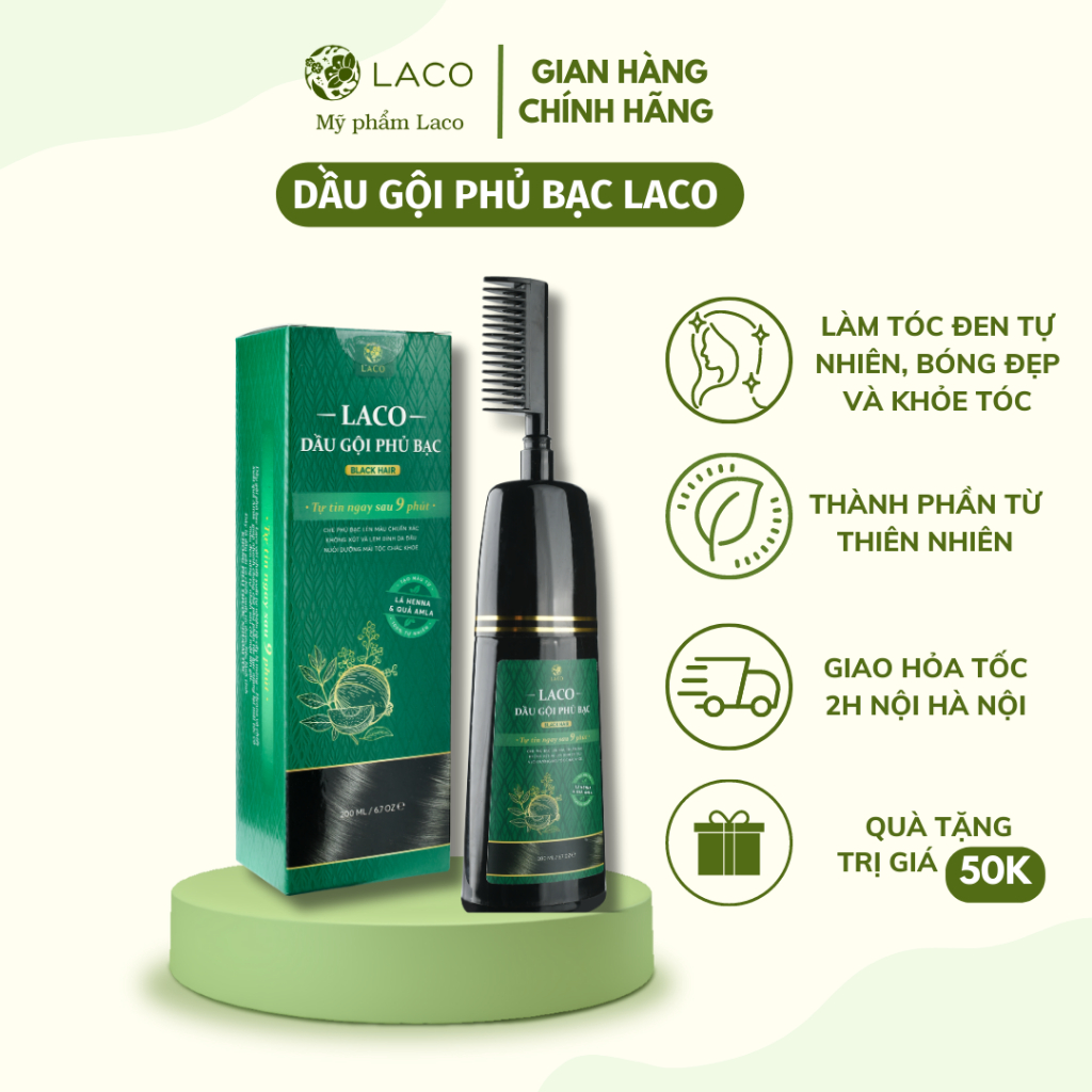 Dầu Gội Phủ Bạc LACO Black Hair, Nhuộm Tóc Đen Thảo Dược Chỉ Sau 9 Phút, Nhuộm Tại Nhà An Toàn 200ml | Linh Spa