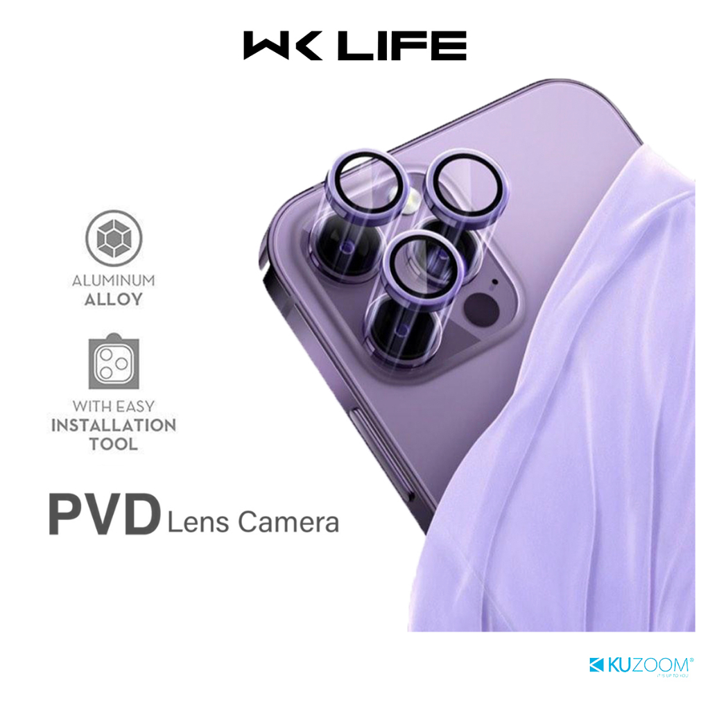 Bộ Kính Cường Lực Camera Lens Kuzoom PVD Viền Nhôm Có Khung Hỗ Trợ Dán Cho 13 Pro  / 14 Plus / 14 Pro Max