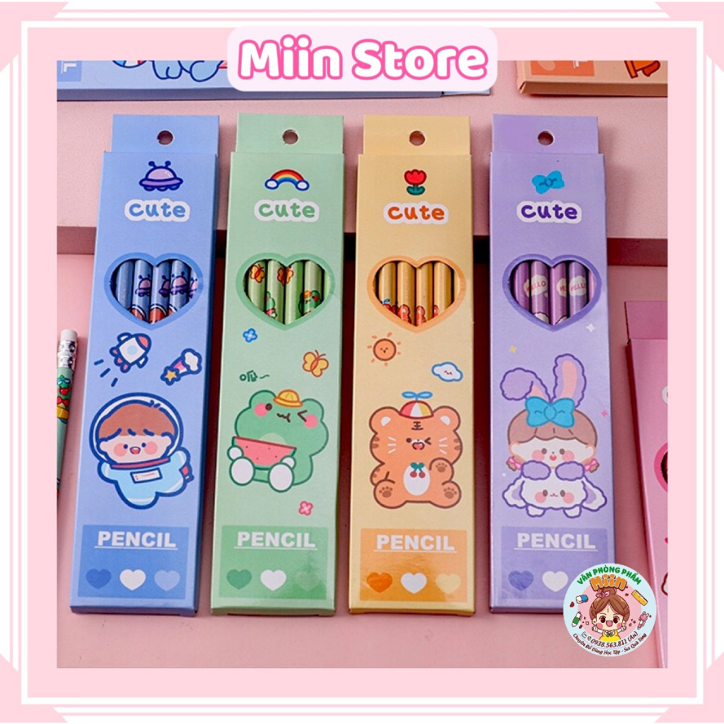 Hộp 6 Cây Bút Chì Gỗ HB Kèm Tẩy Họa Tiết Hoạt Hình Động Vật Dễ Thương Cho Học Sinh Viết Bài Hằng Ngày