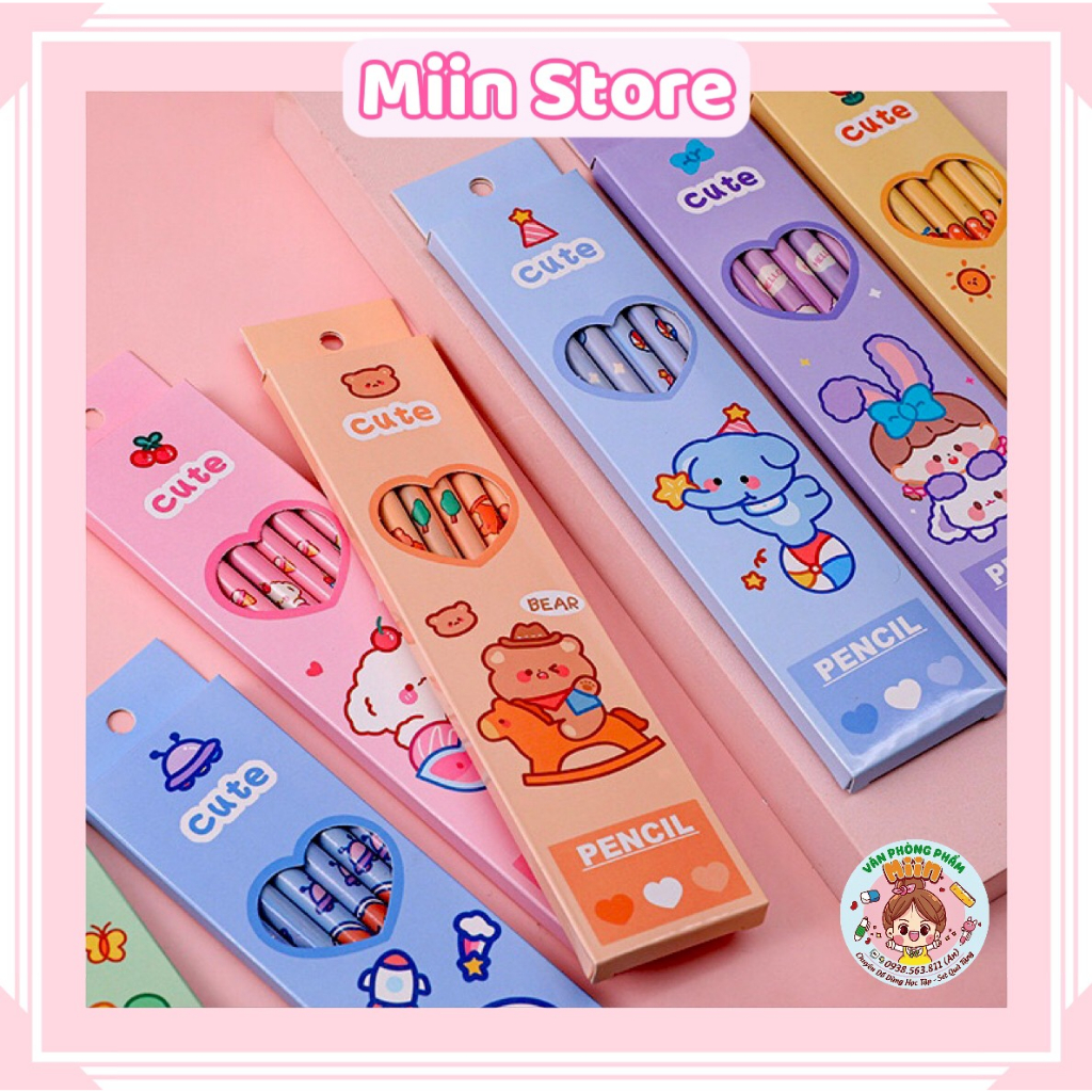 Hộp 6 Cây Bút Chì Gỗ HB Kèm Tẩy Họa Tiết Hoạt Hình Động Vật Dễ Thương Cho Học Sinh Viết Bài Hằng Ngày