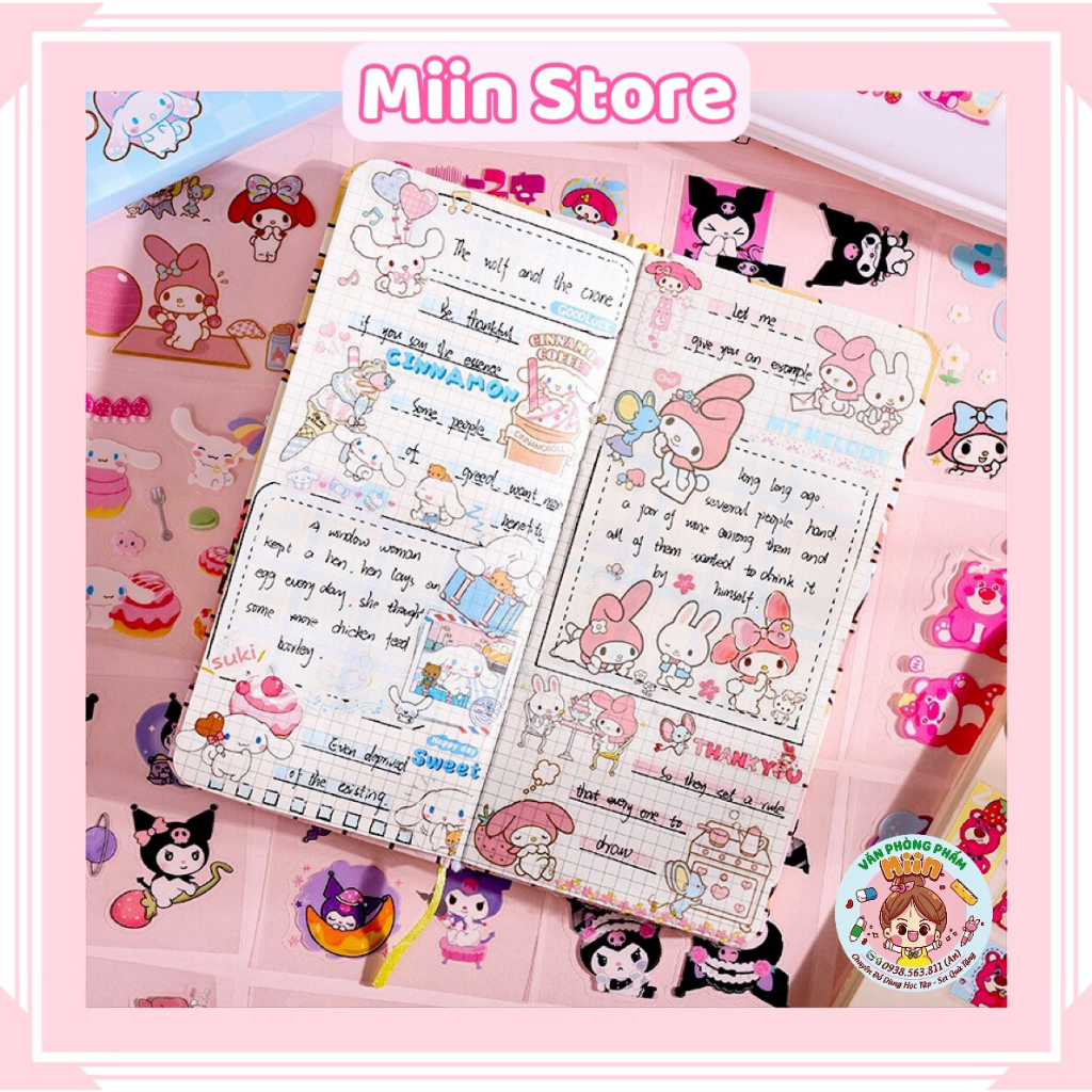 Set 25 Tấm Sticker Trong Suốt Hình Gấu Dâu Losto Kuromi Cinnamoroll My Melody Trang Trí Bút, Sổ, Thiệp, Quà Tặng