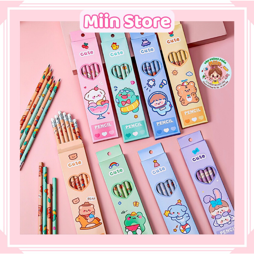 Hộp 6 Cây Bút Chì Gỗ HB Kèm Tẩy Họa Tiết Hoạt Hình Động Vật Dễ Thương Cho Học Sinh Viết Bài Hằng Ngày