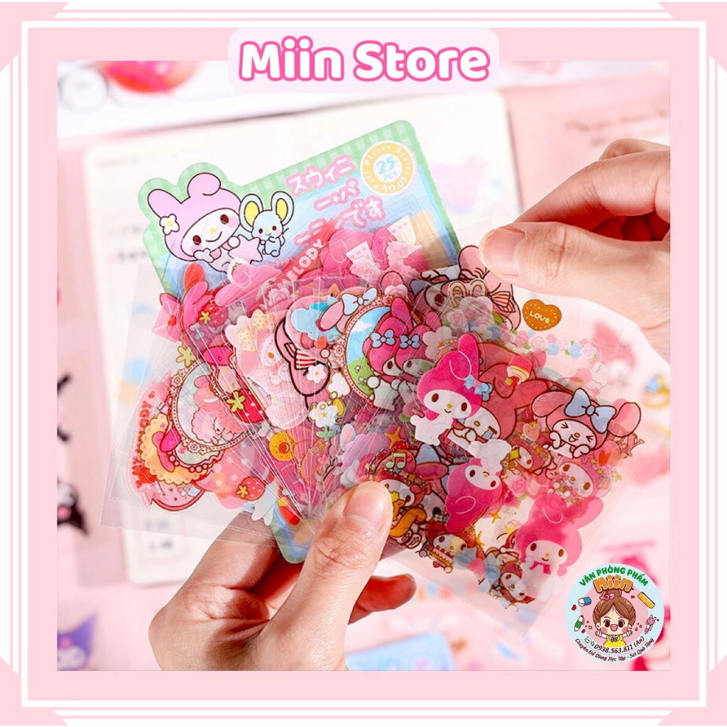 Set 25 Tấm Sticker Trong Suốt Hình Gấu Dâu Losto Kuromi Cinnamoroll My Melody Trang Trí Bút, Sổ, Thiệp, Quà Tặng