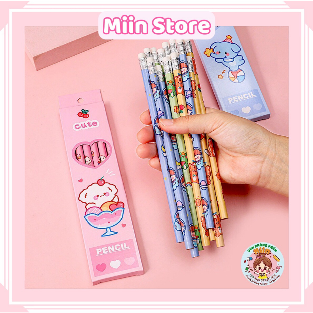 Hộp 6 Cây Bút Chì Gỗ HB Kèm Tẩy Họa Tiết Hoạt Hình Động Vật Dễ Thương Cho Học Sinh Viết Bài Hằng Ngày
