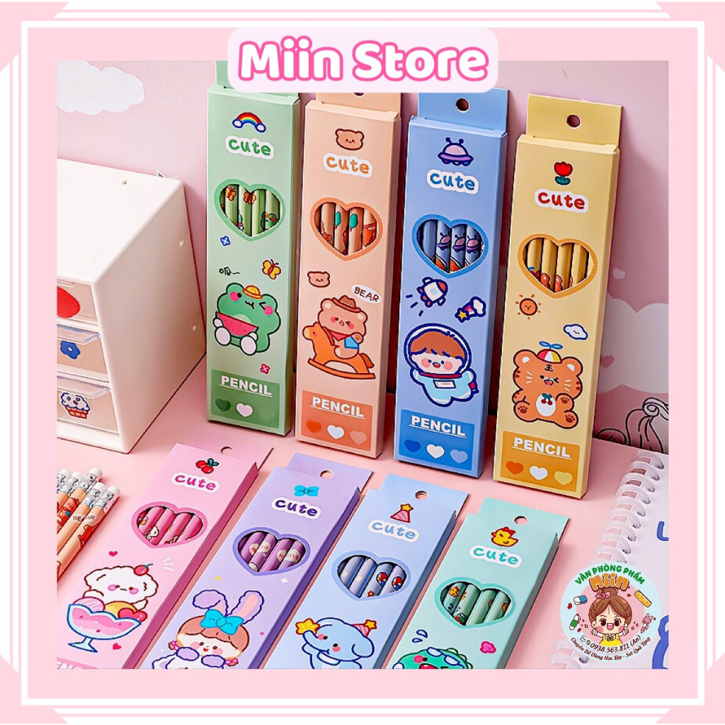 Hộp 6 Cây Bút Chì Gỗ HB Kèm Tẩy Họa Tiết Hoạt Hình Động Vật Dễ Thương Cho Học Sinh Viết Bài Hằng Ngày