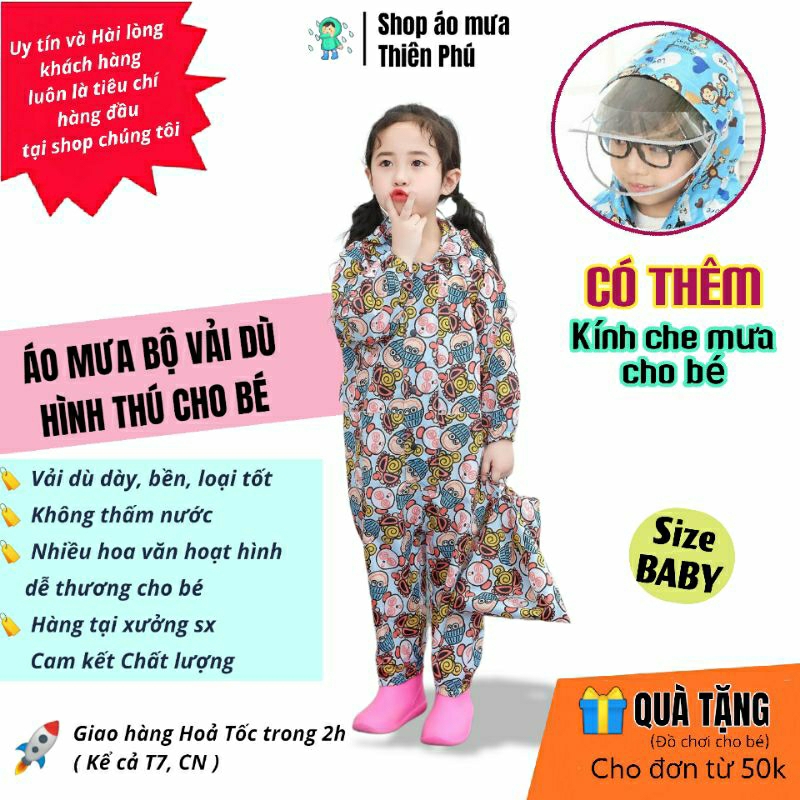 Áo mưa bộ quần áo cho bé 2 -4 tuổi, Có kính che mặt chắn nước, Vải dù Cao cấp,Áo mưa trẻ em Thiên Phú,SIZE BABY Raincoat