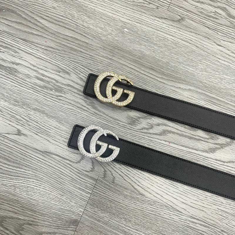 Thắt lưng da nam da PU dây đen sần mặt đúc chữ GG đính đá vàng bạc kiểu dáng đơn giản sang trọng TL12P