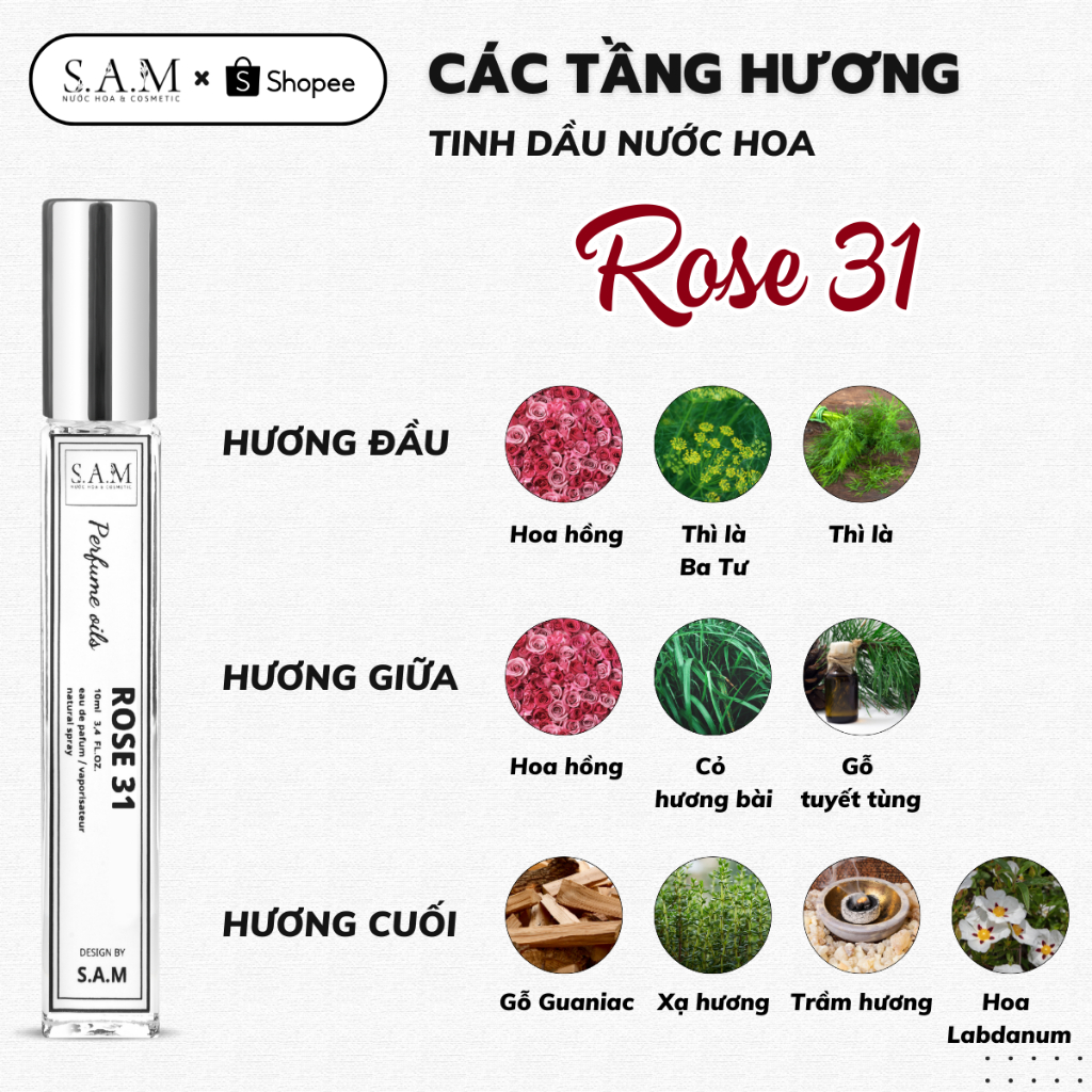 Nước Hoa Nam Nữ Unisex Rose 31 Chính Hãng S.A.M Perfume  EDP Hương Thơm Cuốn hút, Tinh tế Và Sang trọng- Chai Xịt 10ml