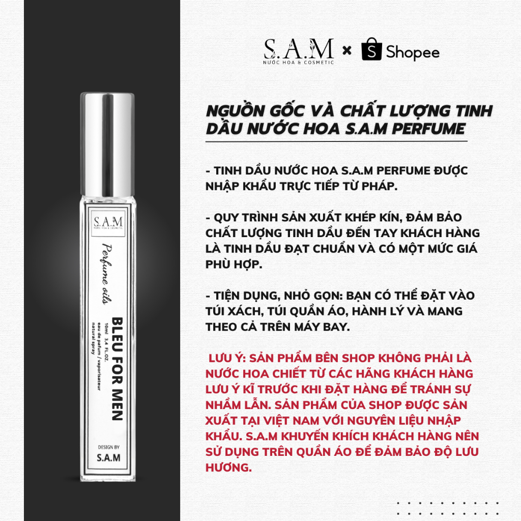 Nước Hoa Nam Bleu For Men Chính Hãng S.A.M Perfume Hương Thơm Mạnh Mẽ, Nam Tính Và Sang Trọng - Chai Xịt 10ml