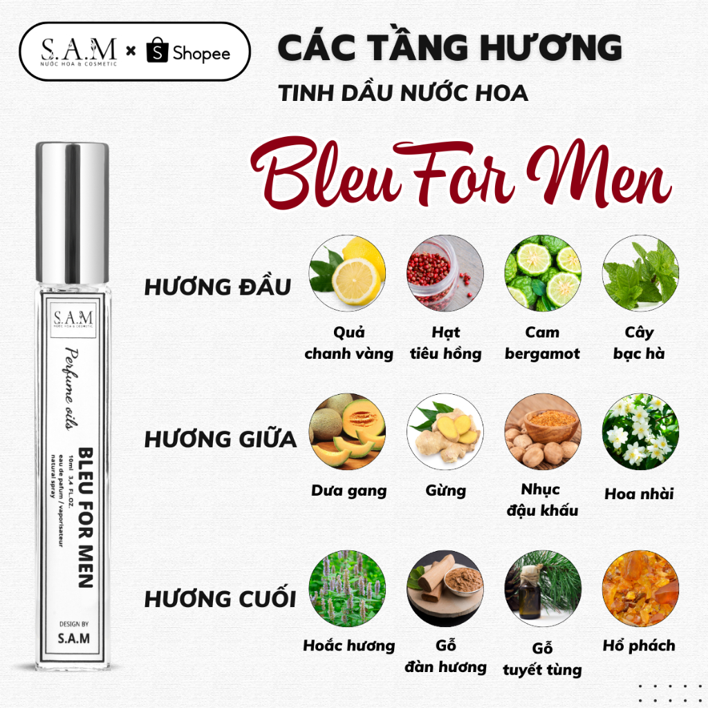 Nước Hoa Nam Bleu For Men Chính Hãng S.A.M Perfume Hương Thơm Mạnh Mẽ, Nam Tính Và Sang Trọng - Chai Xịt 10ml