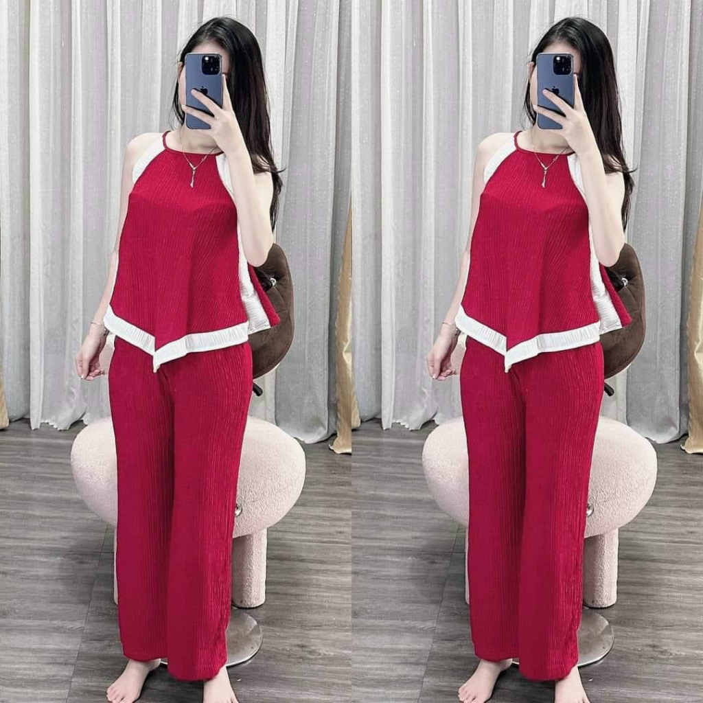Set đồ bộ dài áo cổ yếm chất xốp nhật xịn phối viền kèm quần dài ống suông siêu sành điệu, mặc ở nhà đi chơi cực xịn