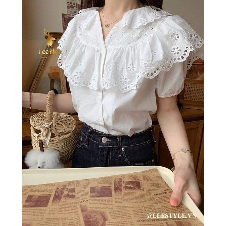 áo sơ mi nữ vải xô thêu tay ngắn phối bèo tiểu thư bigsize (thời trang bigsize vicky.g - anitagreen) QN0623
