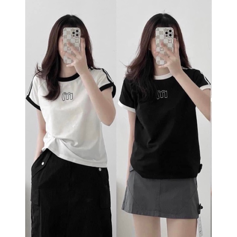 Áo Thun Nữ Baby Tee In Họa Tiết M Dáng Vừa Cực Xinh❤ Áo Cổ Tròn Phối Viền Tay Thể Thao