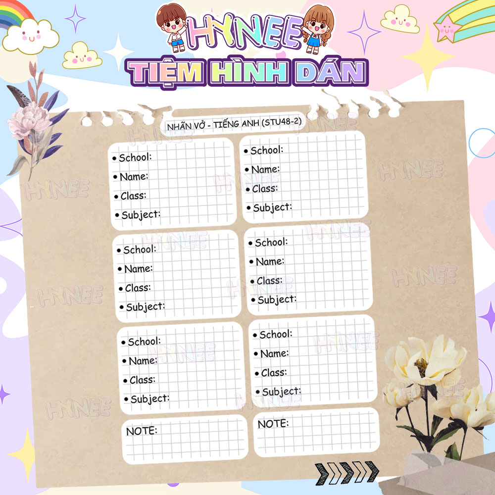 Set 6 Nhãn Vở Thiết Kế Kèm 2 Nhãn Ghi Chú - Nhãn Vở Tiếng Anh - Tiếng Việt - Sticker Giấy Nhãn Classic - HYNEE