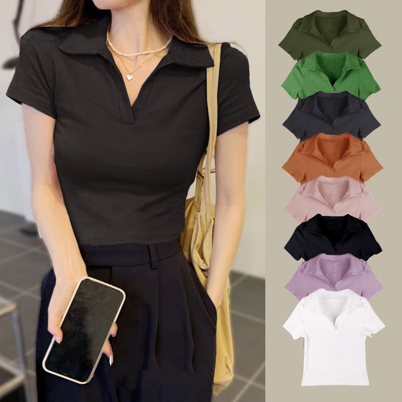 Áo Croptop Nữ Madela Cổ Polo Ngắn Tay Form Rộng, Croptop Polo Ngắn Tay Thời Trang Hàn Quốc