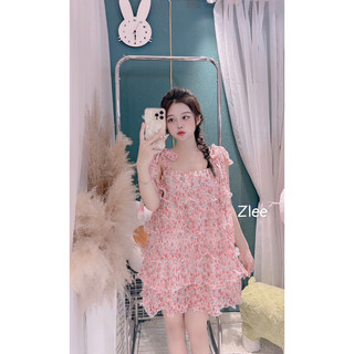 Váy tơ hoa nhí 2 dây dập ly dáng suông, váy tơ dập ly thắt nơ vai