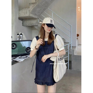 Set áo tay bồng viền ren kem cổ tròn kèm yếm váy jeans viền bèo size SM Pumi 14717