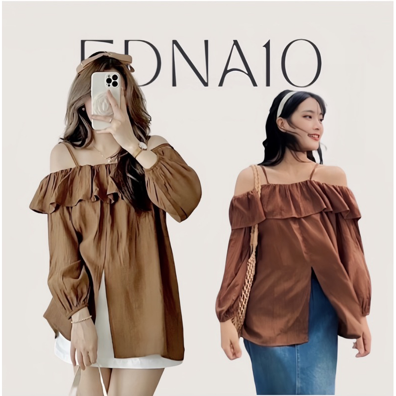 Áo Trễ Vai Nâu Trơn Thiết Kế Bèo Vai Xẻ Tà Dún Bo Cổ Tay