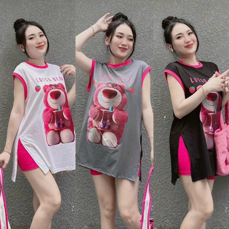 Set Bộ Thun Áo Sát Nách 3 Lỗ Viền Hồng Xẻ Tà + Quần Short Ôm