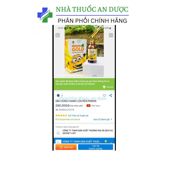 MINION GOLD dầu húng chanh lên men giúp giảm ho , sốt viêm đường hô hấp – Lọ 30ml