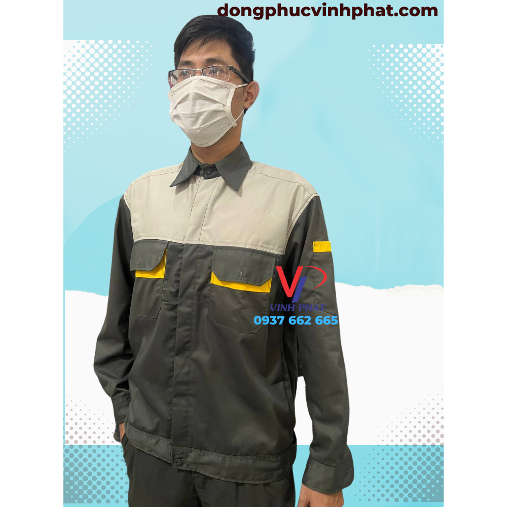 Quần Áo Bảo Hộ Lao Động Màu Xám Túi Hộp Kiểu Phối Xanh Bích Vải Kaki Bền Đẹp Công Nhân Kỹ Sư - Hình thật