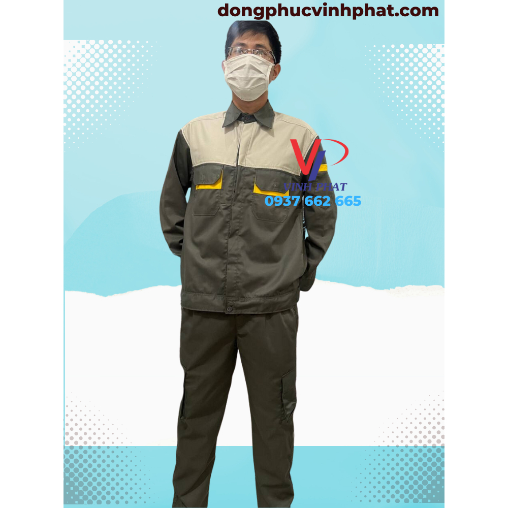 Quần Áo Bảo Hộ Lao Động Màu Xám Túi Hộp Kiểu Phối Xanh Bích Vải Kaki Bền Đẹp Công Nhân Kỹ Sư - Hình thật