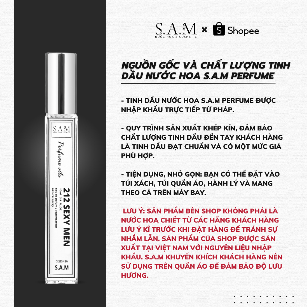 Nước Hoa Nam 212 Sexy Men Chính Hãng S.A.M Perfume Hương Thơm Nam Tính, Tươi Mát Và Hiện Đại - Chai Xịt 10ml