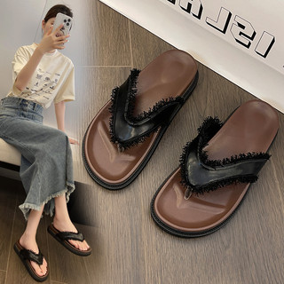 Dép xỏ ngón đế dày màu nâu vintage quai vải phong cách đi biển mùa hè