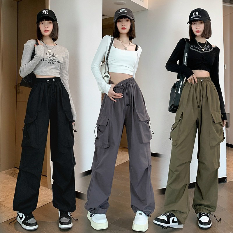 Quần ống rộng, quần ống suông chất liệu kaki loại 1 phối túi hộp 2 bên cá tính lưng thun co giãn có dây rút