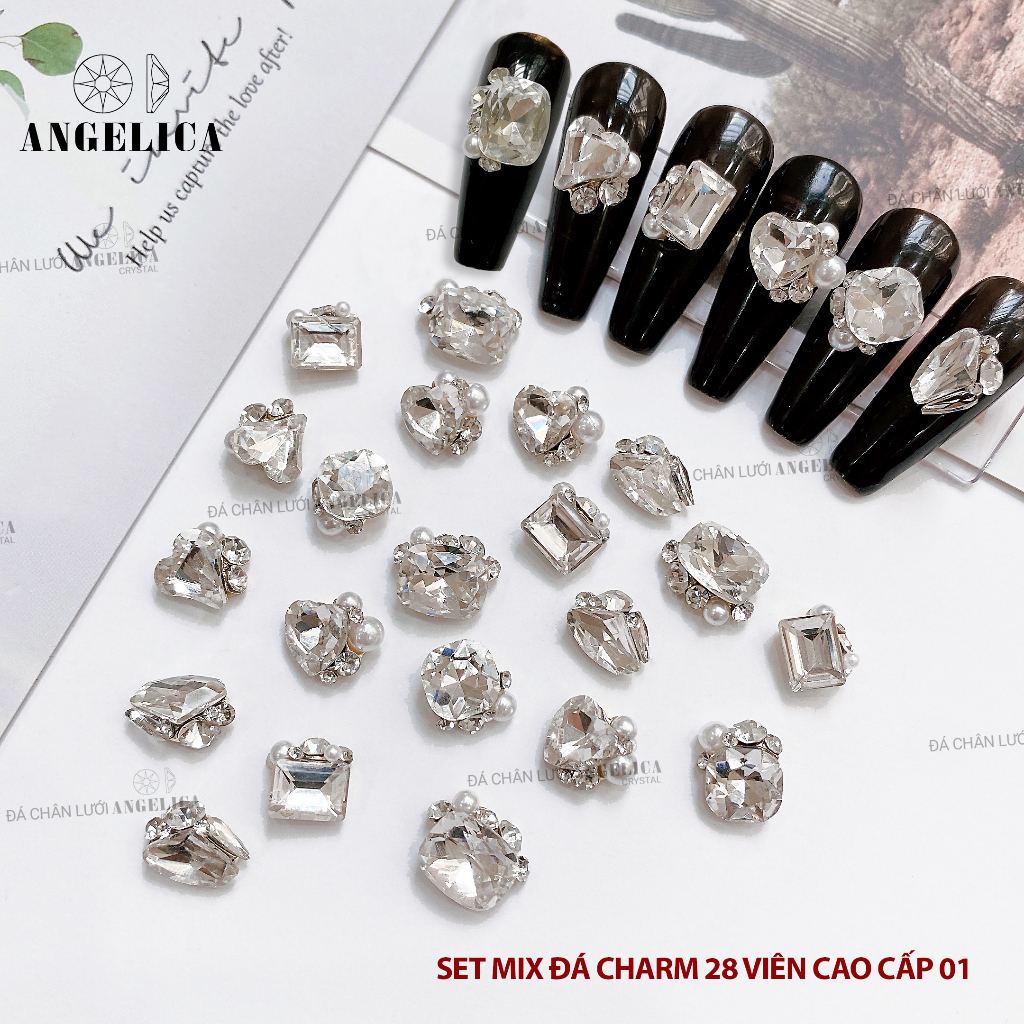 Set 28 viên đá khối chùm gắn nails charm đá cao cấp đính móng ANGELICA SMDC28v