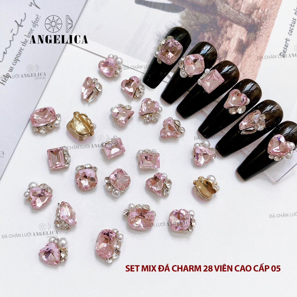 Set 28 viên đá khối mix sẵn nails charm đá cao cấp chụm sẵn đính móng ANGELICA SMDC28v