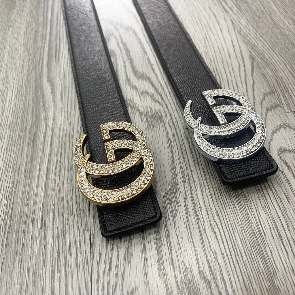 Thắt lưng da nam da PU dây đen sần mặt đúc chữ GG đính đá vàng bạc kiểu dáng đơn giản sang trọng TL12P