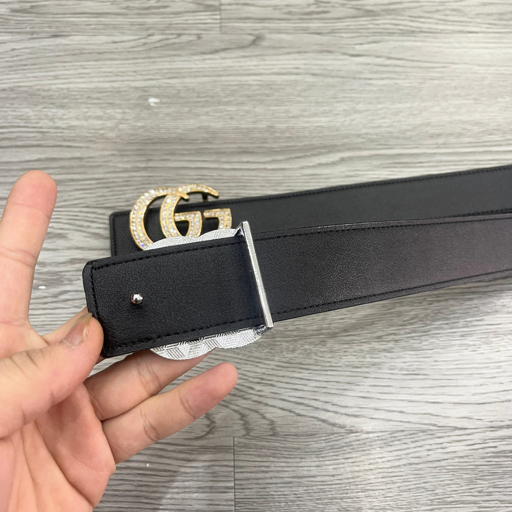 Thắt lưng da nam da PU dây đen sần mặt đúc chữ GG đính đá vàng bạc kiểu dáng đơn giản sang trọng TL12P