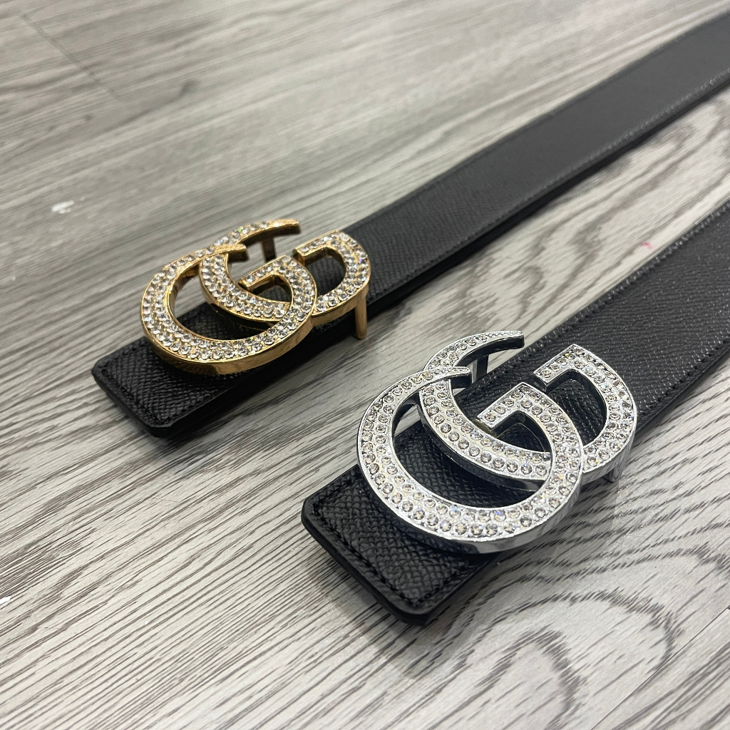 Thắt lưng da nam da PU dây đen sần mặt đúc chữ GG đính đá vàng bạc kiểu dáng đơn giản sang trọng TL12P