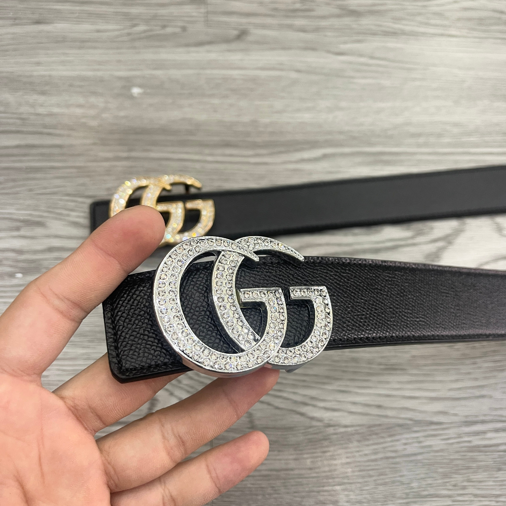 Thắt lưng da nam da PU dây đen sần mặt đúc chữ GG đính đá vàng bạc kiểu dáng đơn giản sang trọng TL12P