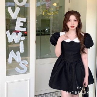 Váy tafta đen cao cấp tiểu thư cổ bèo trắng chiết eo dáng xoè bồng đi tiệc Wednesday dress Mayberoom