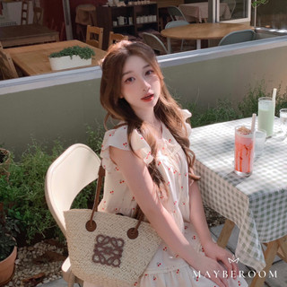 Váy babydoll be hoạ tiết cherry đáng yêu cổ buộc nơ tay cánh tiên xoè a Kyomi dress Mayberoom