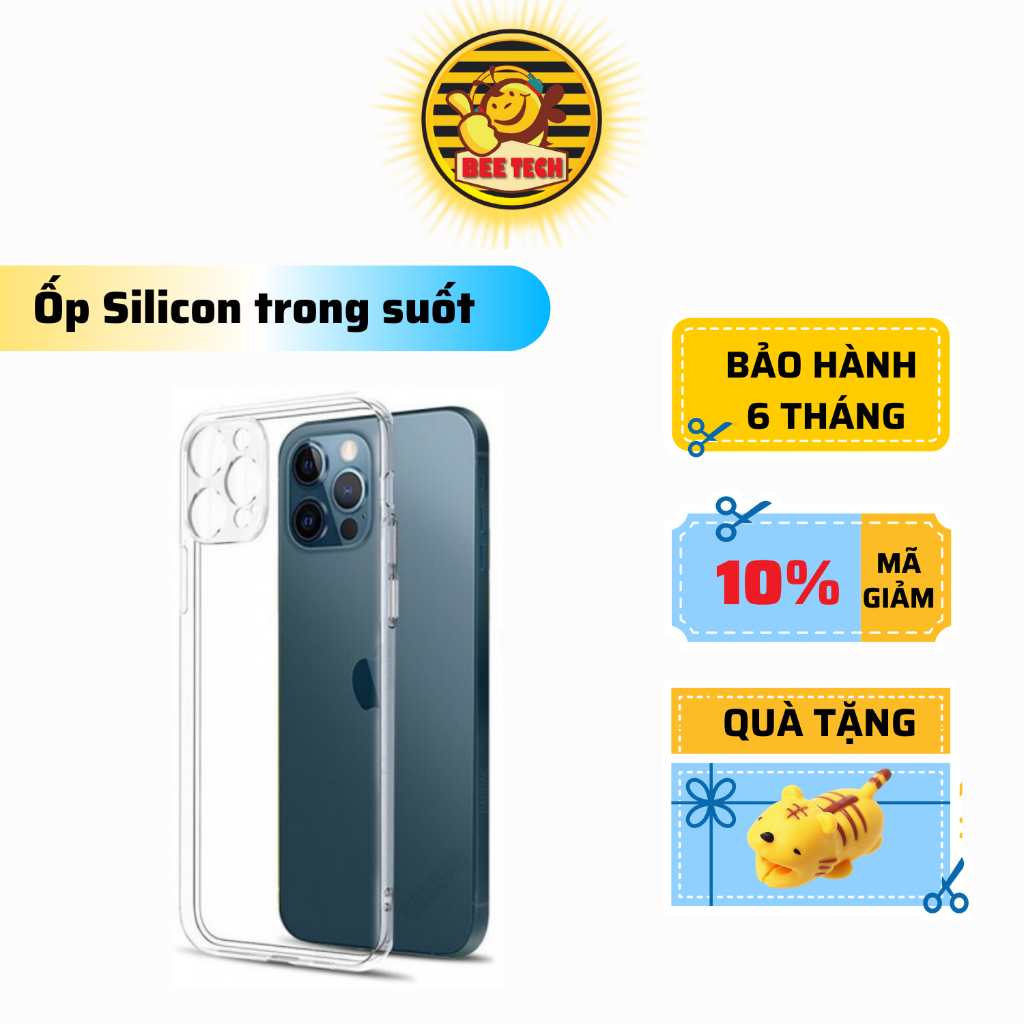 Ốp Silicon BEETECH VVZ trong suốt viền vuông lưng kính chống ố cao cấp cho các đời ip