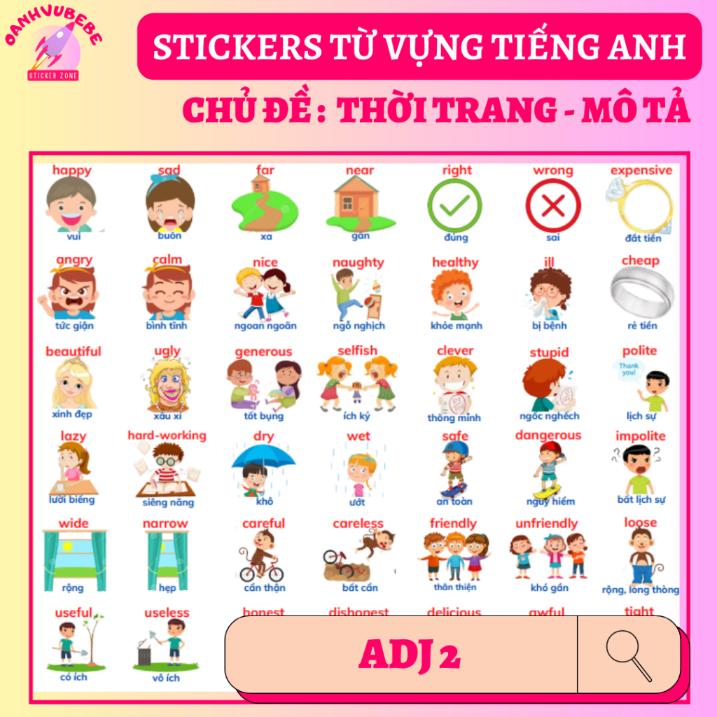 🔥42 hình dán sticker từ vựng tiếng Anh chủ đề THỜI TRANG - TÍNH TỪ🔥