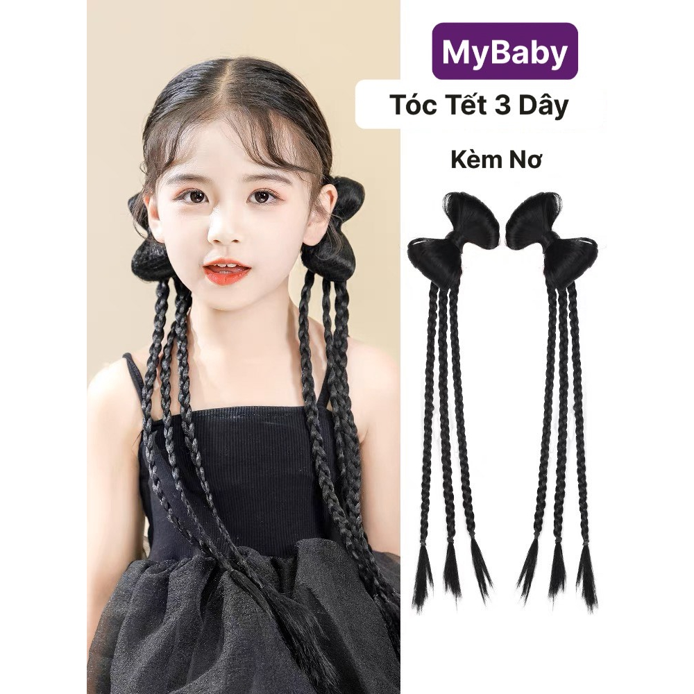 Tóc Giả Tết 3 Dây Gắn Nơ Cột Chun Cá Tính Cho Bé Gái (giá 1 bên) MyBaby
